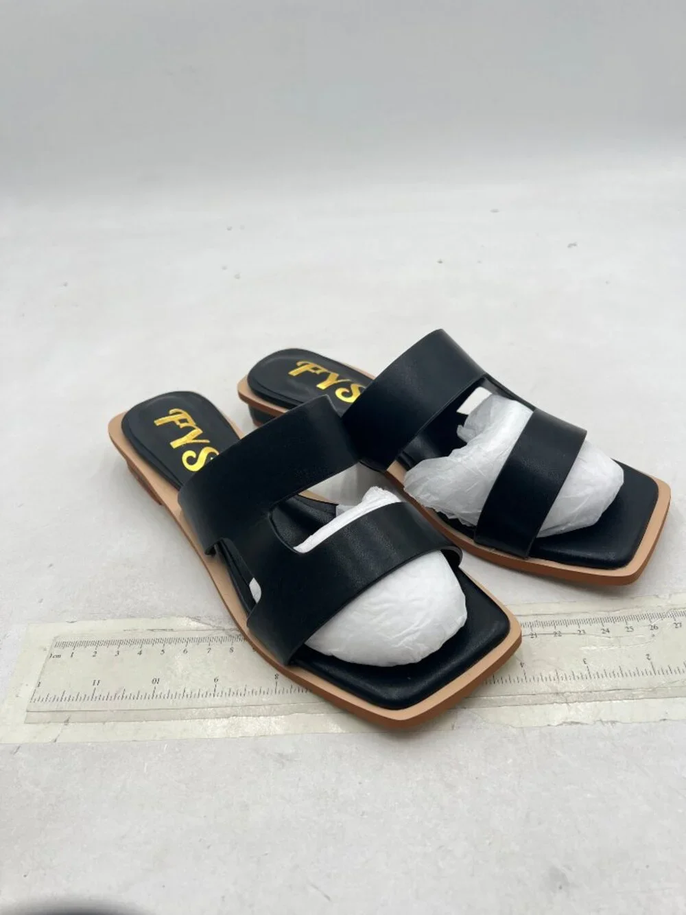 FYS Black Square Open Toe  Sandals Two Strap Slip On Outdoor Slippers Beach Shoe